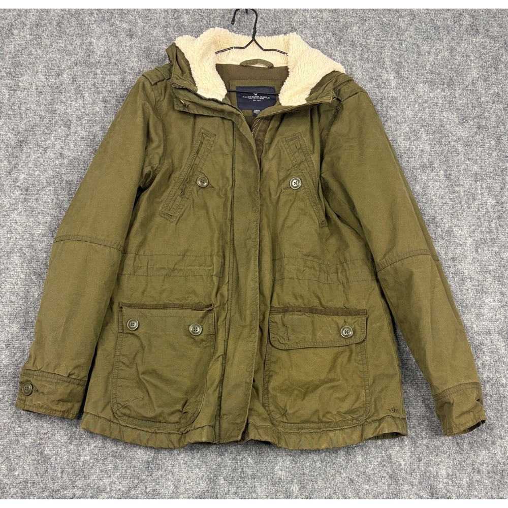 American Eagle Outfitters Olive Green Utility Parka Jacket Faux Fur Hood Small